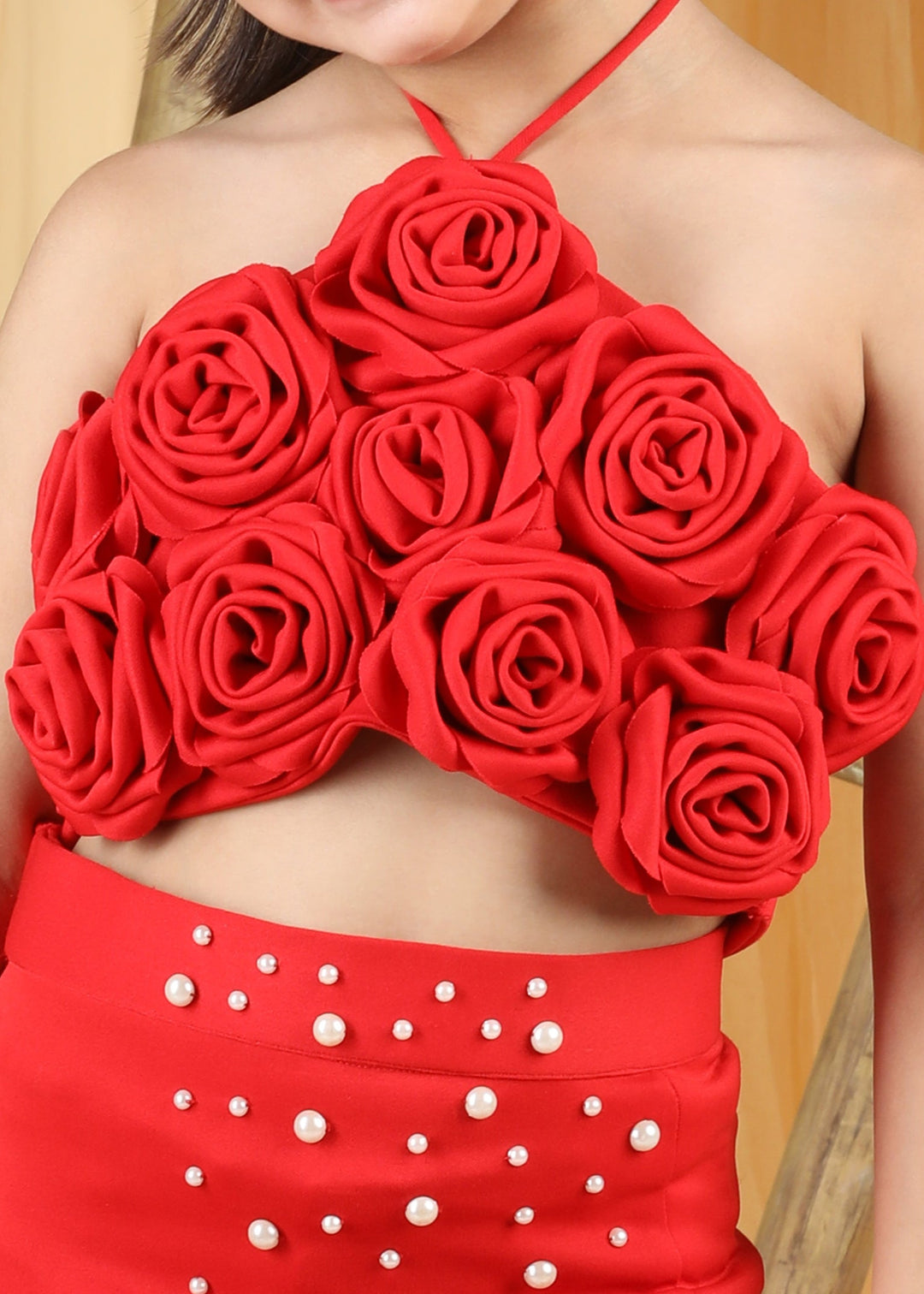Red Pearl 3D Flower Embellishment Top With Skirt Set