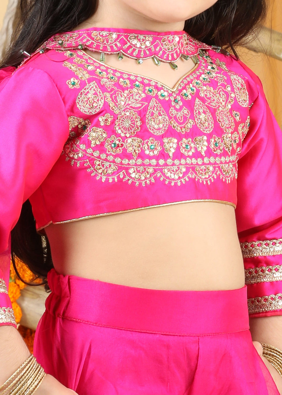 Hot Pink Thread Embroidery Top With Palazzo And Dupatta Set