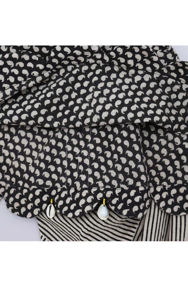 Black And Beige Hand Block Printed Pure Cotton Peplum Style Top With Dhoti Set