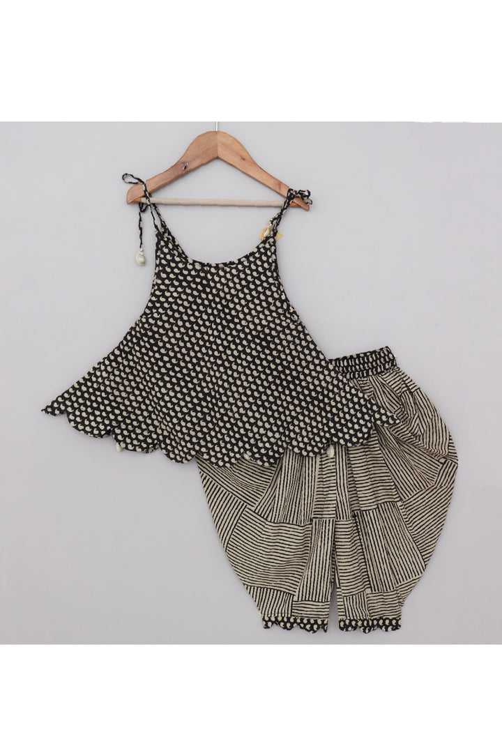 Black And Beige Hand Block Printed Pure Cotton Peplum Style Top With Dhoti Set
