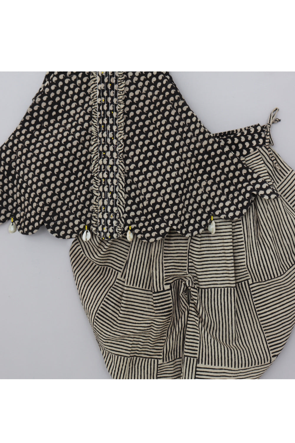 Black And Beige Hand Block Printed Pure Cotton Peplum Style Top With Dhoti Set