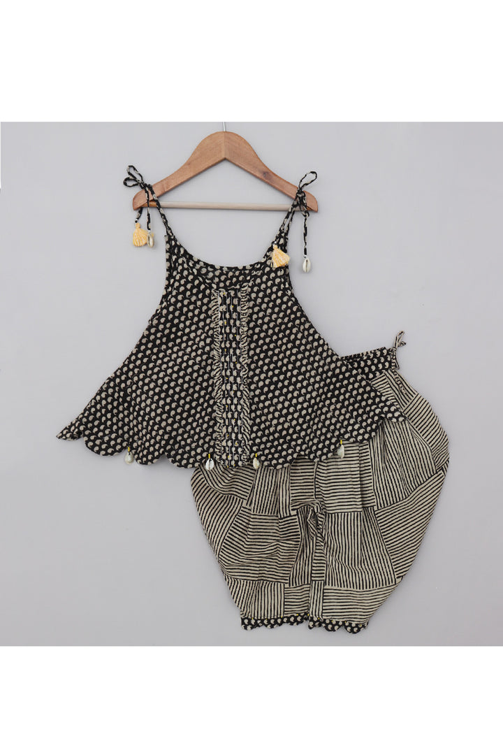 Black And Beige Hand Block Printed Pure Cotton Peplum Style Top With Dhoti Set
