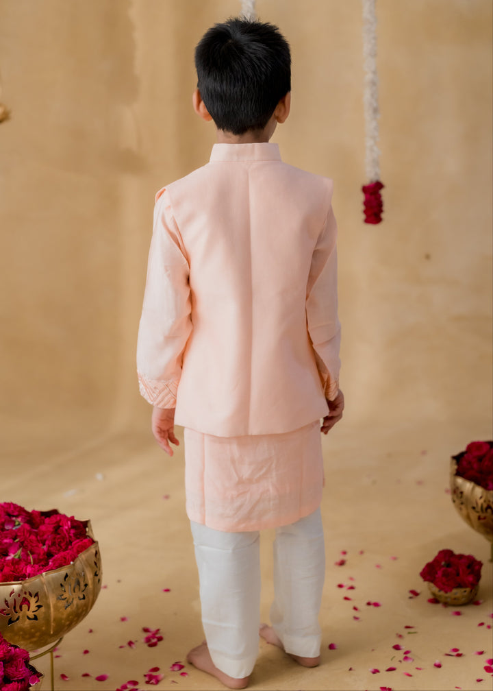Peach Gota Chakri Chanderi Jacket And Kurta With White Pyjama Set