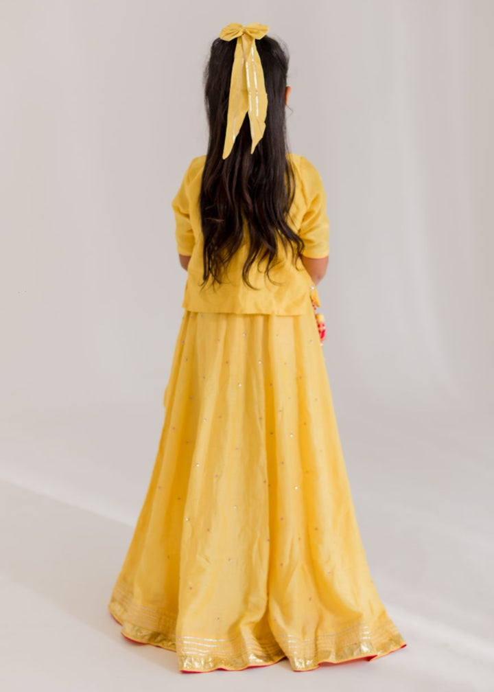 Yellow Sitara Hand Embroidered Star Gota Top With Lehenga Set