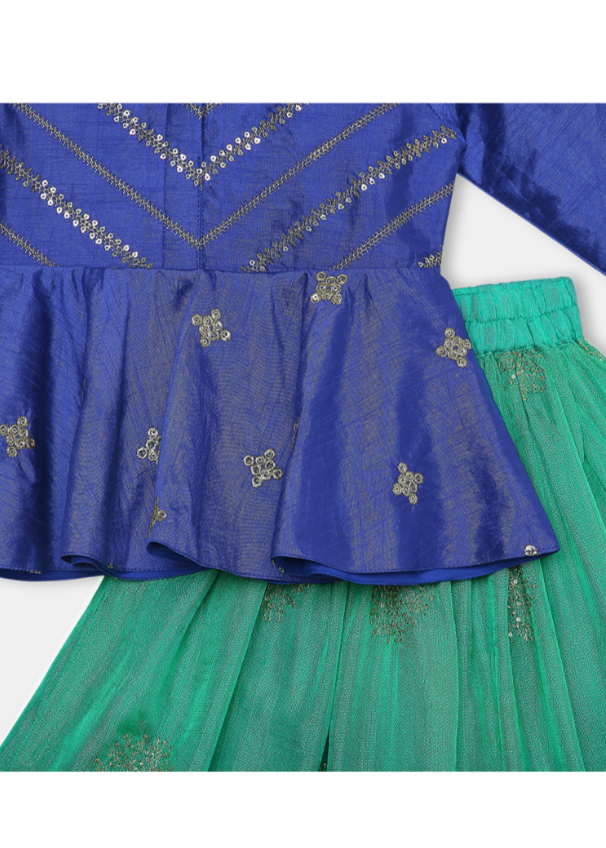 Gold Zari And Sequence Work Peplum Top With Shaded Ghagra Set
