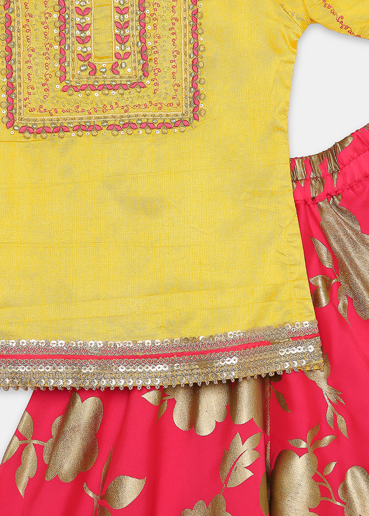 Yoke Embroidered Top With Gold Floral Printed Palazzo Set