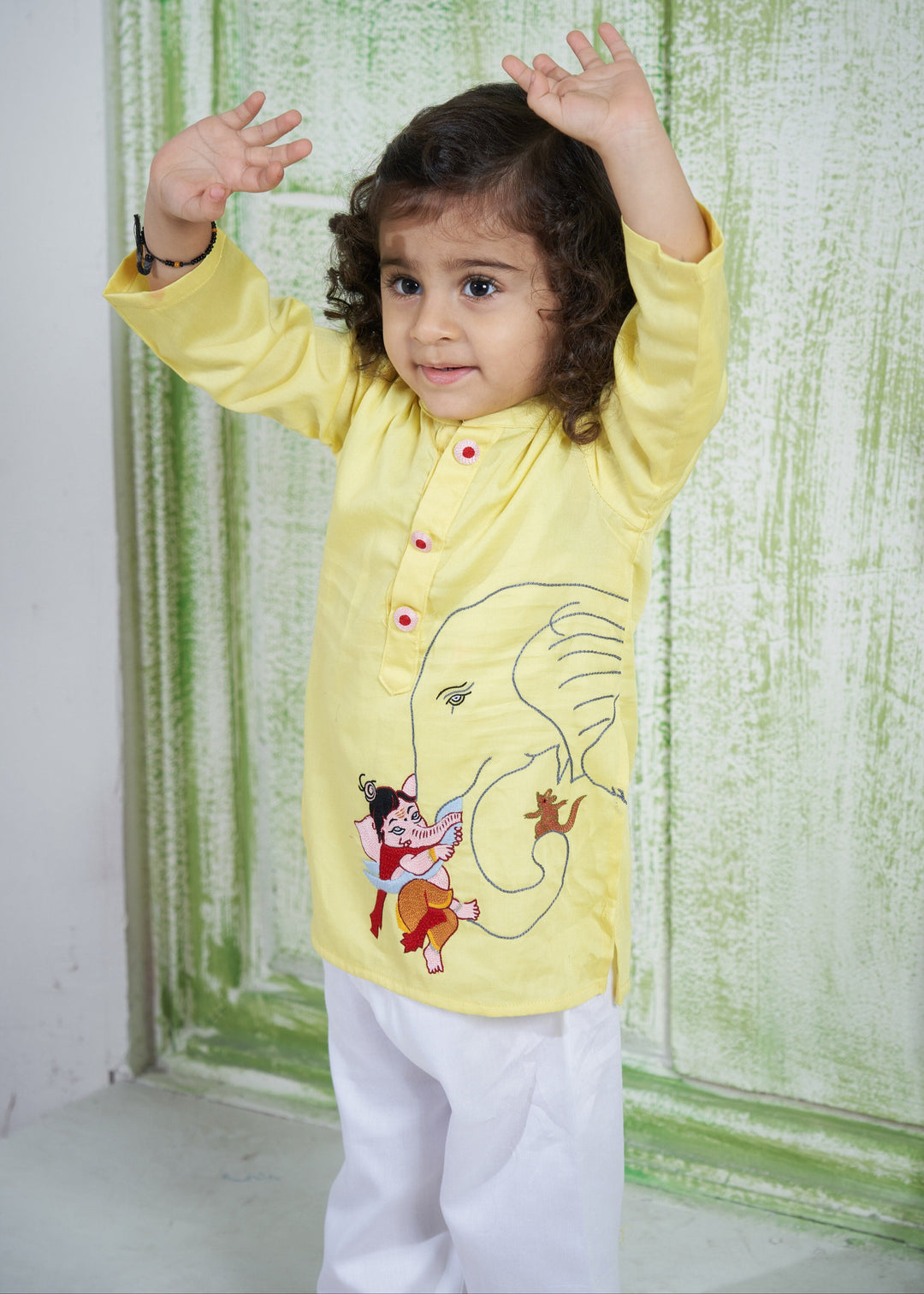 Yellow Hand Embroidery Ganesha Motifs Kurta Pyjama Set