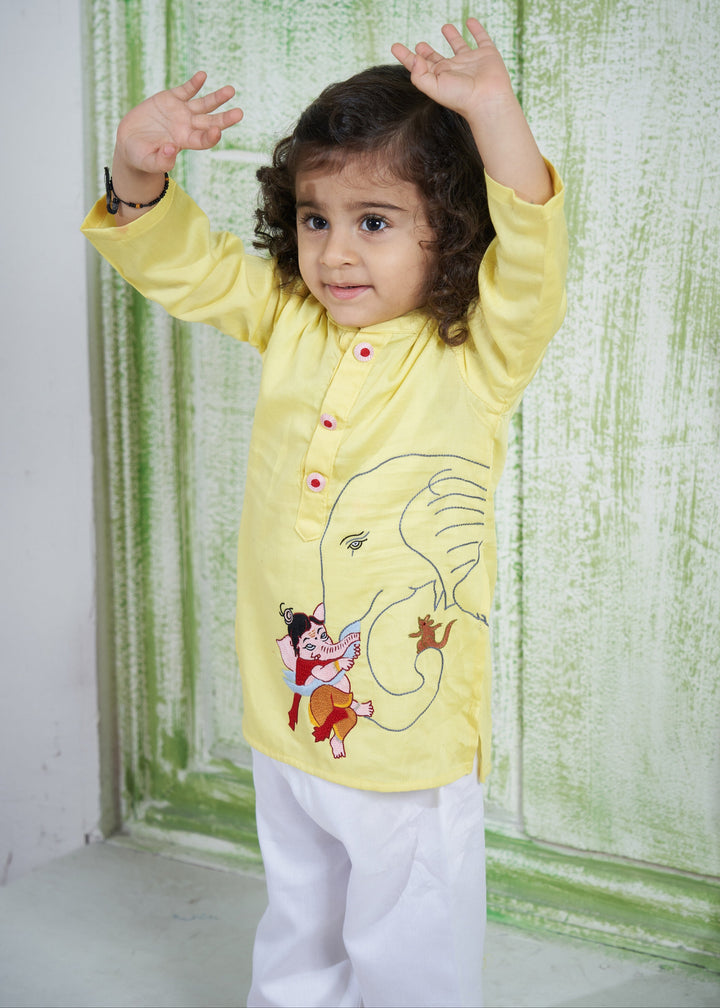 Yellow Hand Embroidery Ganesha Motifs Kurta Pyjama Set