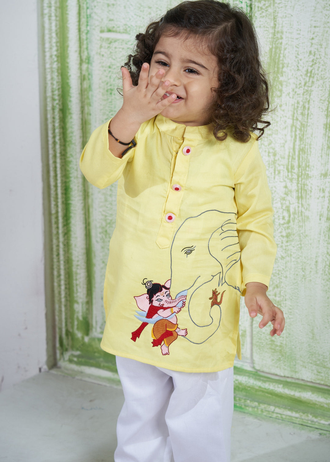 Yellow Hand Embroidery Ganesha Motifs Kurta Pyjama Set