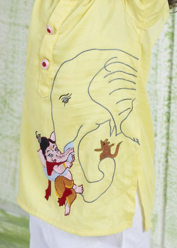 Yellow Hand Embroidery Ganesha Motifs Kurta Pyjama Set