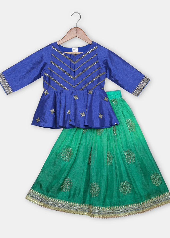Gold Zari And Sequence Work Peplum Top With Shaded Ghagra Set
