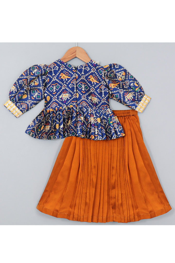 Blue Patola Printed Silk Peplum Style Top With Mustard Yellow Lehenga Set