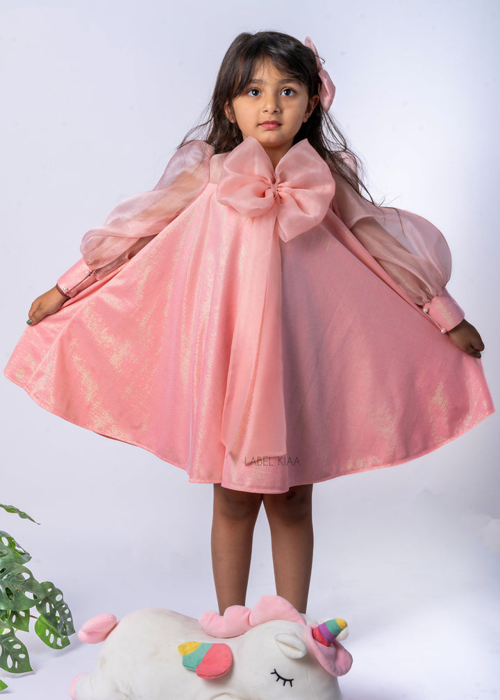 Rose Peach Organza Big Bow Glittery Dress