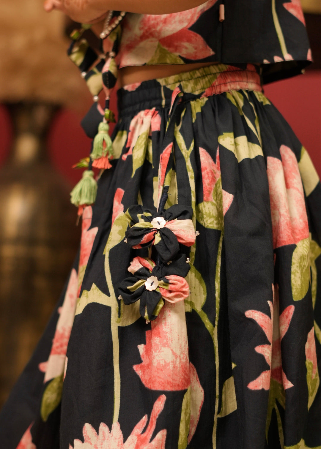 Navy Blue Lotus Printed Top With Lehenga Set