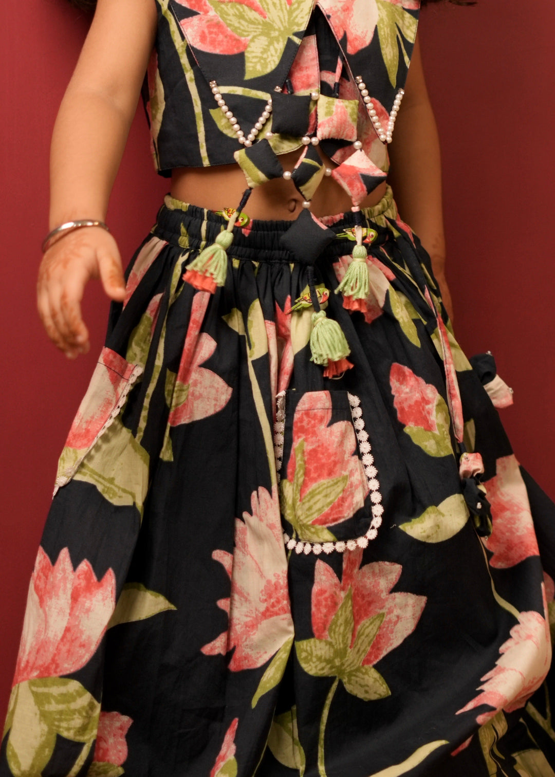 Navy Blue Lotus Printed Top With Lehenga Set