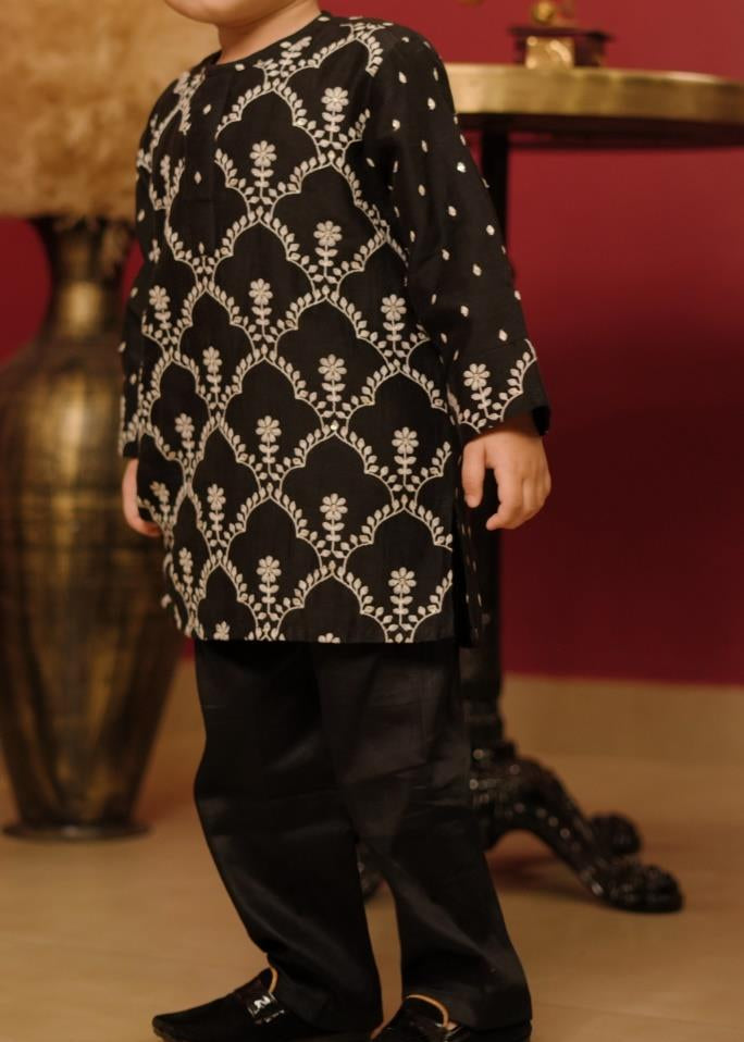 Black Embroidered Printed Kurta With Pant Set