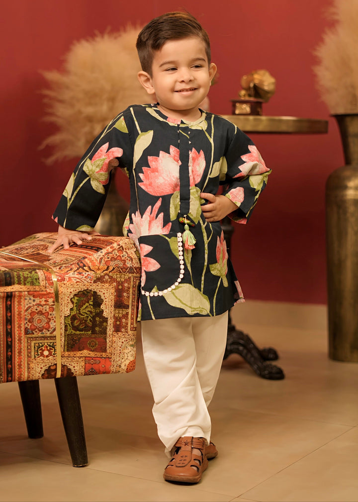 Navy Blue Lotus Printed Kurta With Pant Set