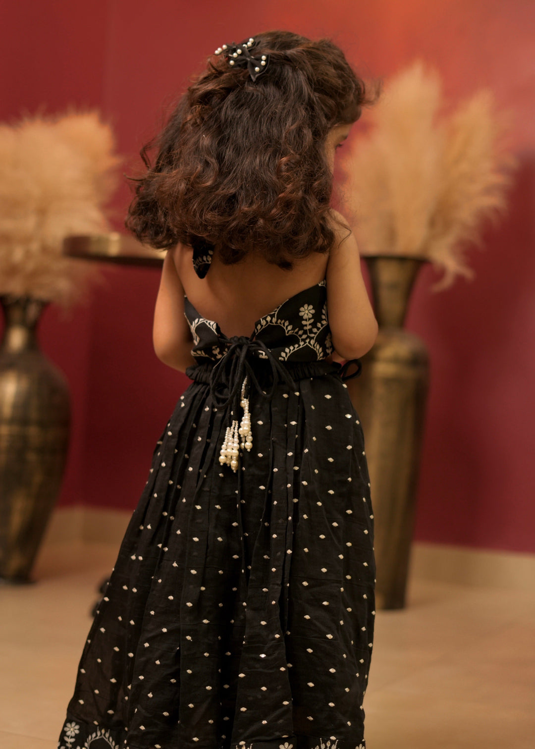 Black Embroidered Pearl Detailing Top With Lehenga Set
