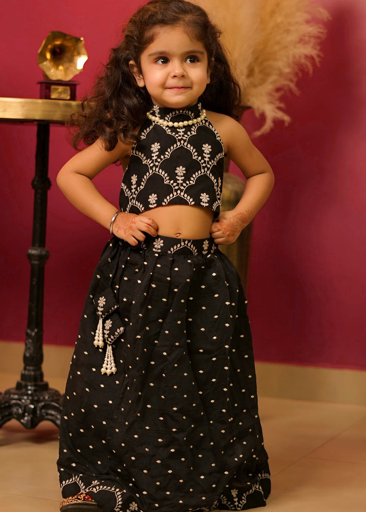 Black Embroidered Pearl Detailing Top With Lehenga Set
