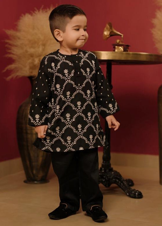 Black Embroidered Printed Kurta With Pant Set