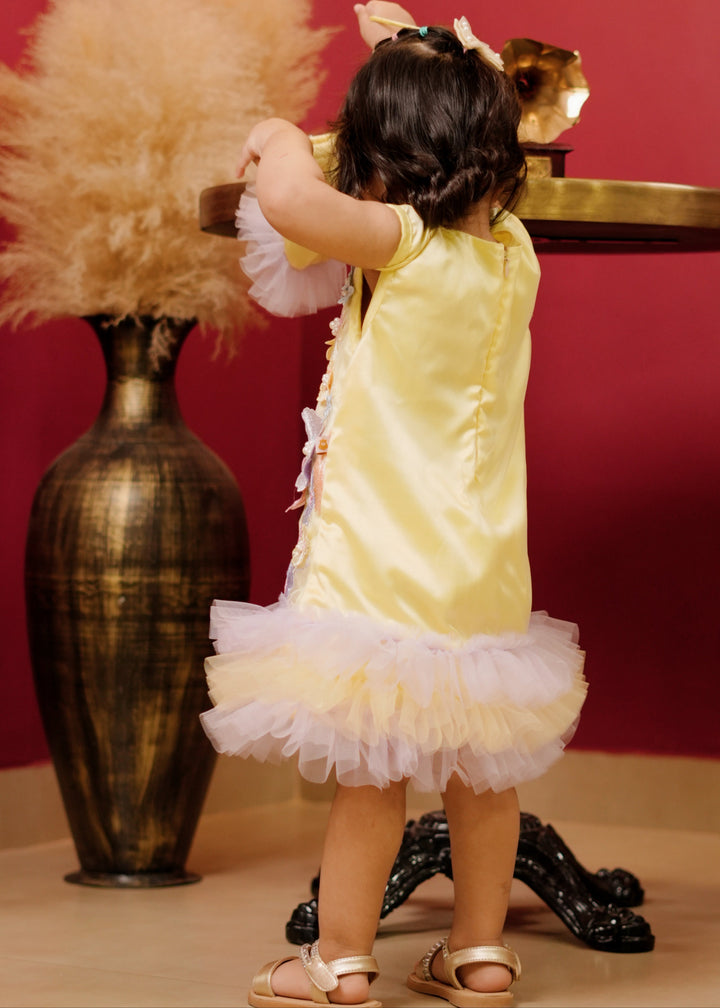 Yellow And Lavender 3D Embroidered Flower Pearl Dress