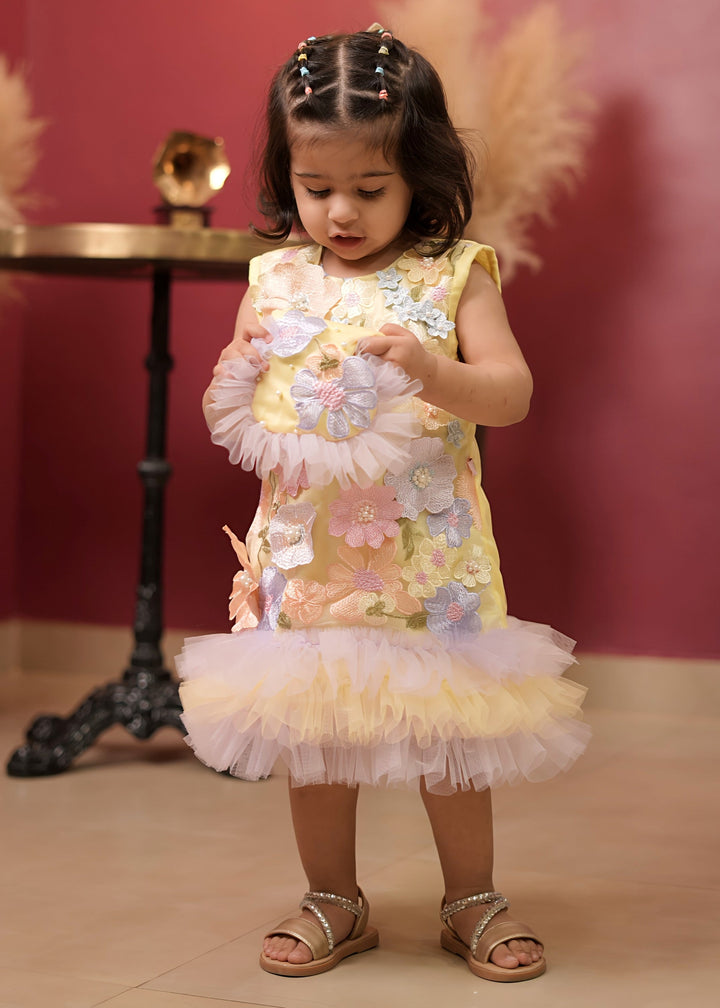Yellow And Lavender 3D Embroidered Flower Pearl Dress