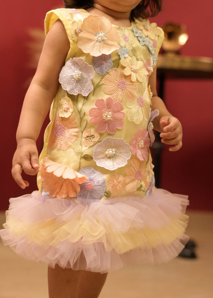 Yellow And Lavender 3D Embroidered Flower Pearl Dress