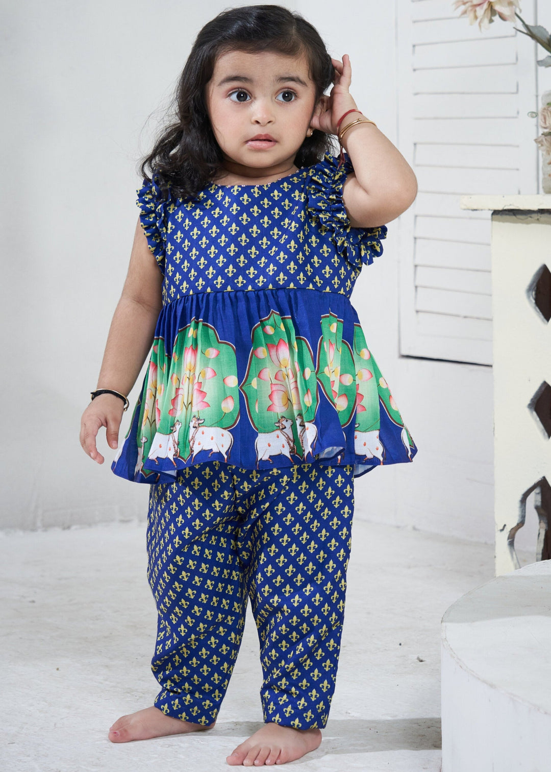 Blue Pichwai Theme Peplum Top With Pant set