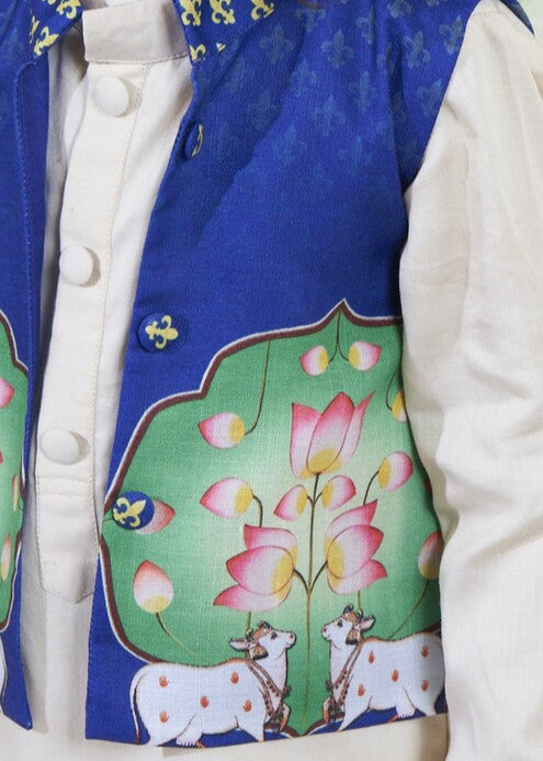 Blue Pichwai Theme Cotton Kurta Pyjama With Jacket Set