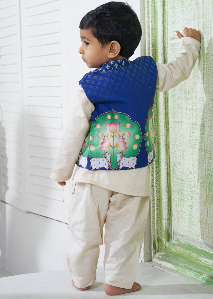 Blue Pichwai Theme Cotton Kurta Pyjama With Jacket Set