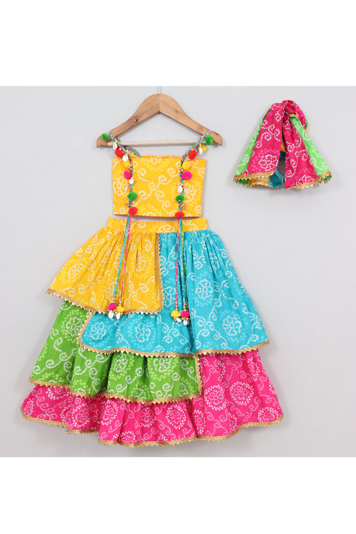 Multicolor Bandhani Printed Top And Layered Lehenga With Dupatta Set