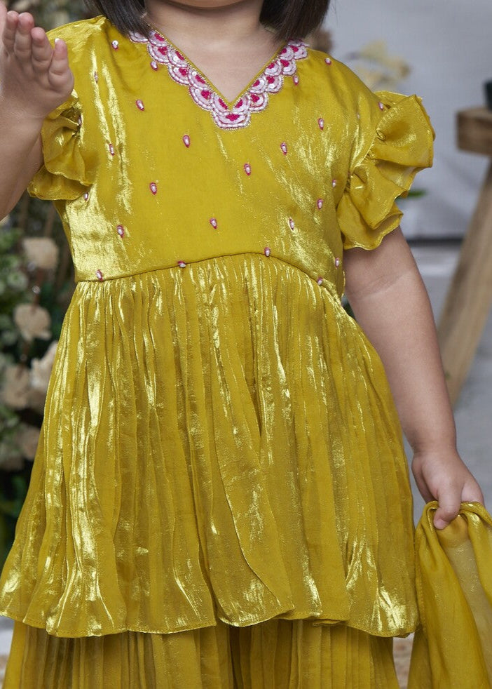Yellow Hand Embroidered Work Kurta Sharara With Dupatta Set