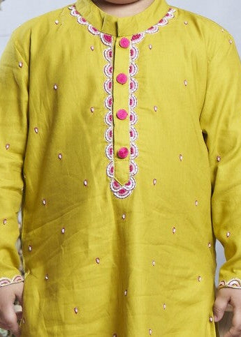 Yellow Cotton Hand Emboridery Pearl Work Kurta With Pyjama Set