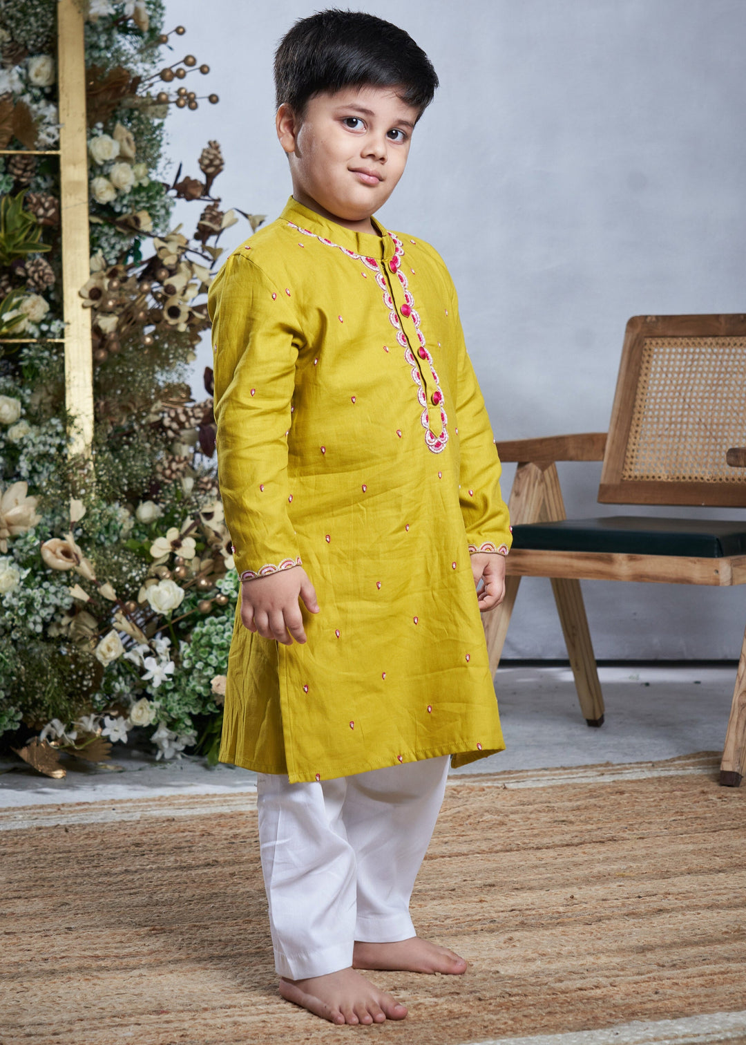Yellow Cotton Hand Emboridery Pearl Work Kurta With Pyjama Set
