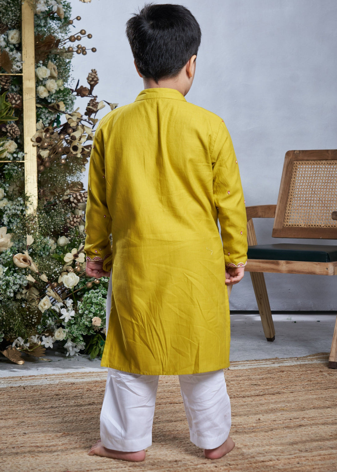 Yellow Cotton Hand Emboridery Pearl Work Kurta With Pyjama Set