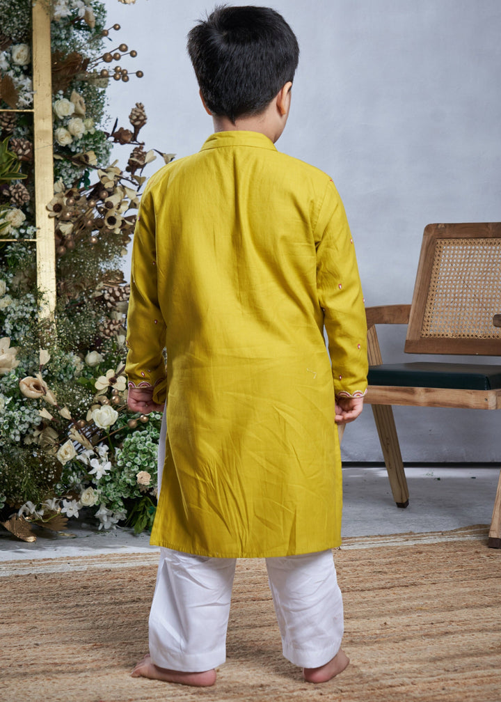 Yellow Cotton Hand Emboridery Pearl Work Kurta With Pyjama Set