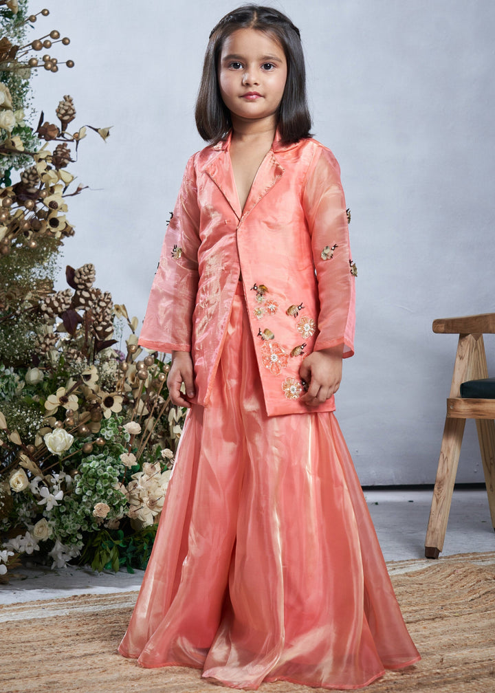 Peach Hand Embroidered Bumble Bee Motif Jacket With Sharara Set