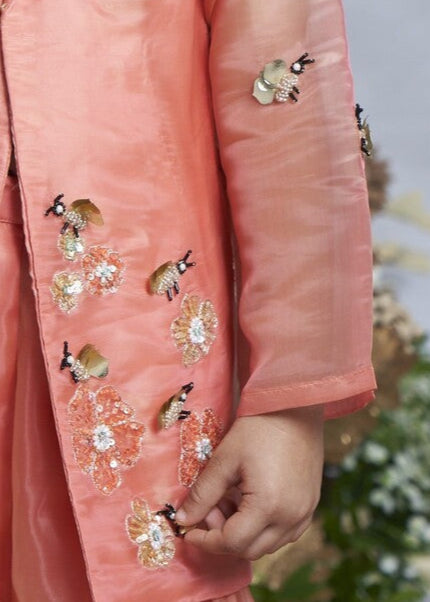 Peach Hand Embroidered Bumble Bee Motif Jacket With Sharara Set