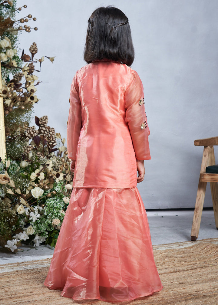 Peach Hand Embroidered Bumble Bee Motif Jacket With Sharara Set