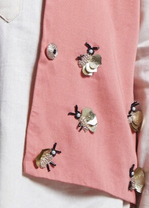Peach Cotton Bumble Bee Motifs Kurta Pyjama With Jacket Set