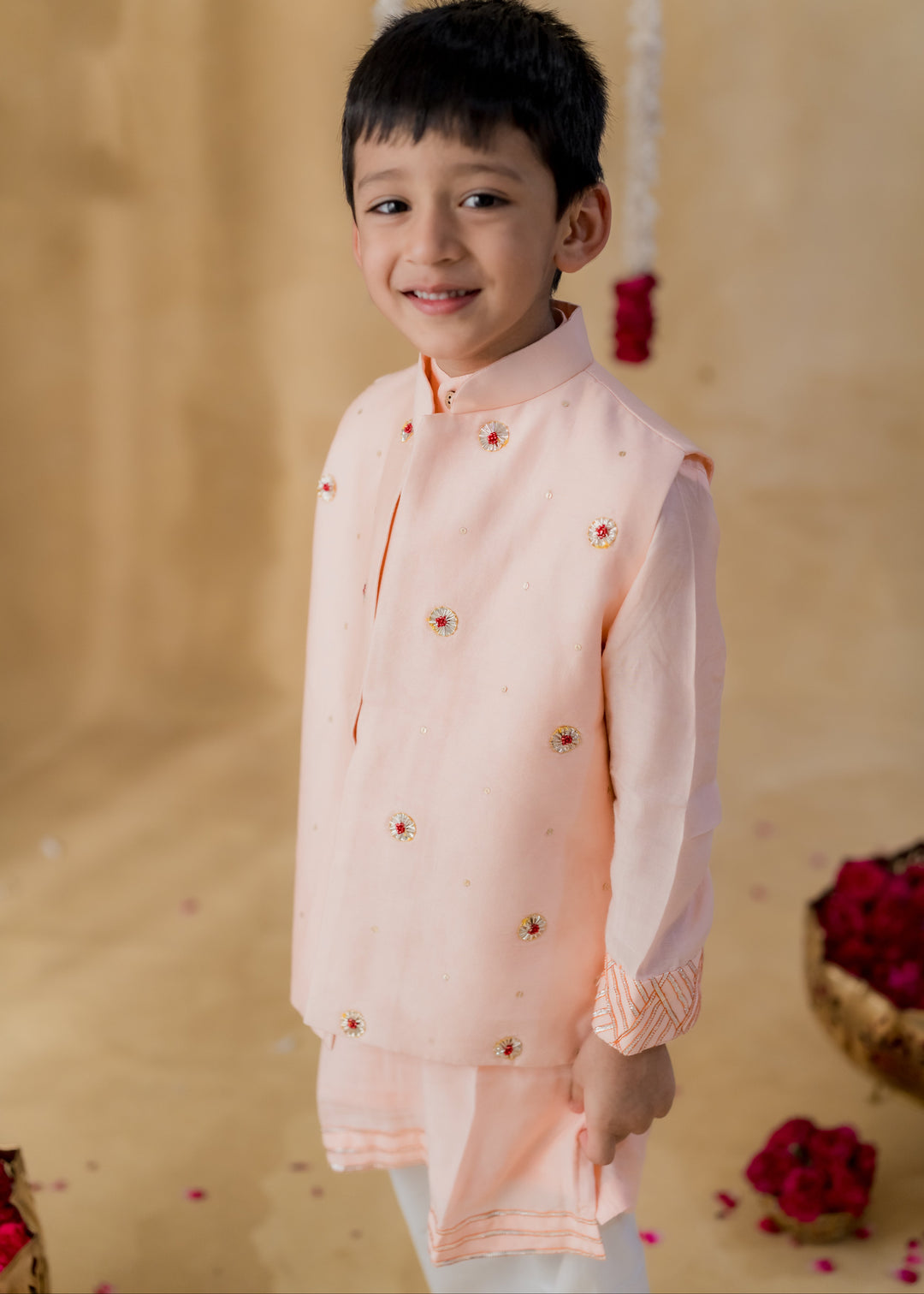 Peach Gota Chakri Chanderi Jacket And Kurta With White Pyjama Set
