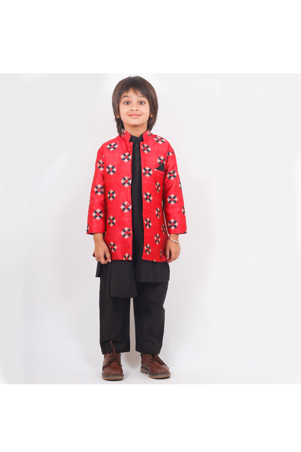 Red coat with black kurta and pyjama