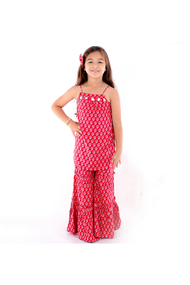 Red block printed kurta sharara set
