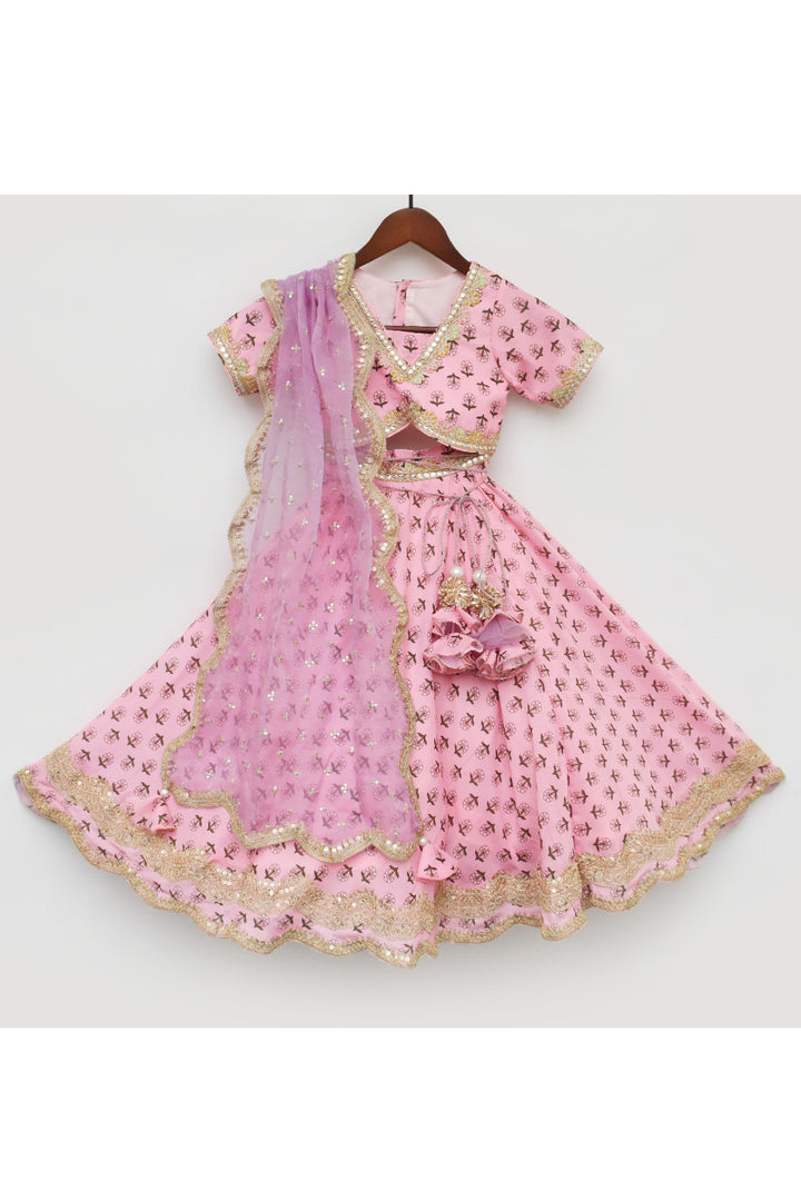 Golden Lace Detailing And Floral Printed Cotton Top With Lehenga Set