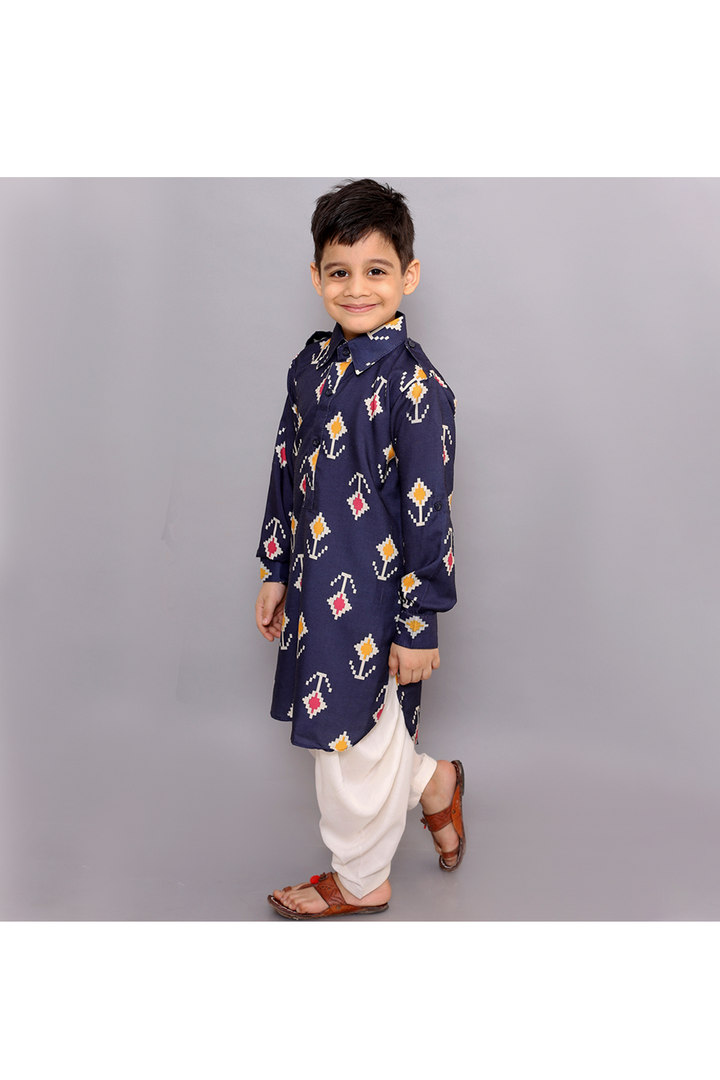 Dark navy blue printed kurta with off white pajama set