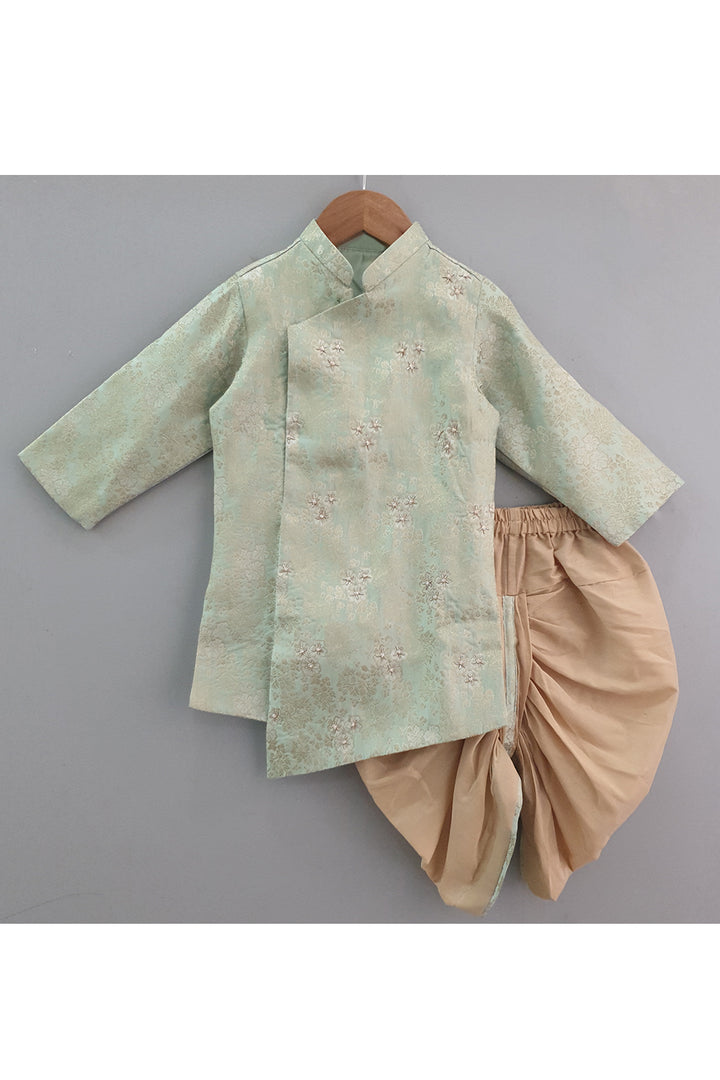 Pastel green brocade printed kurta and dhoti