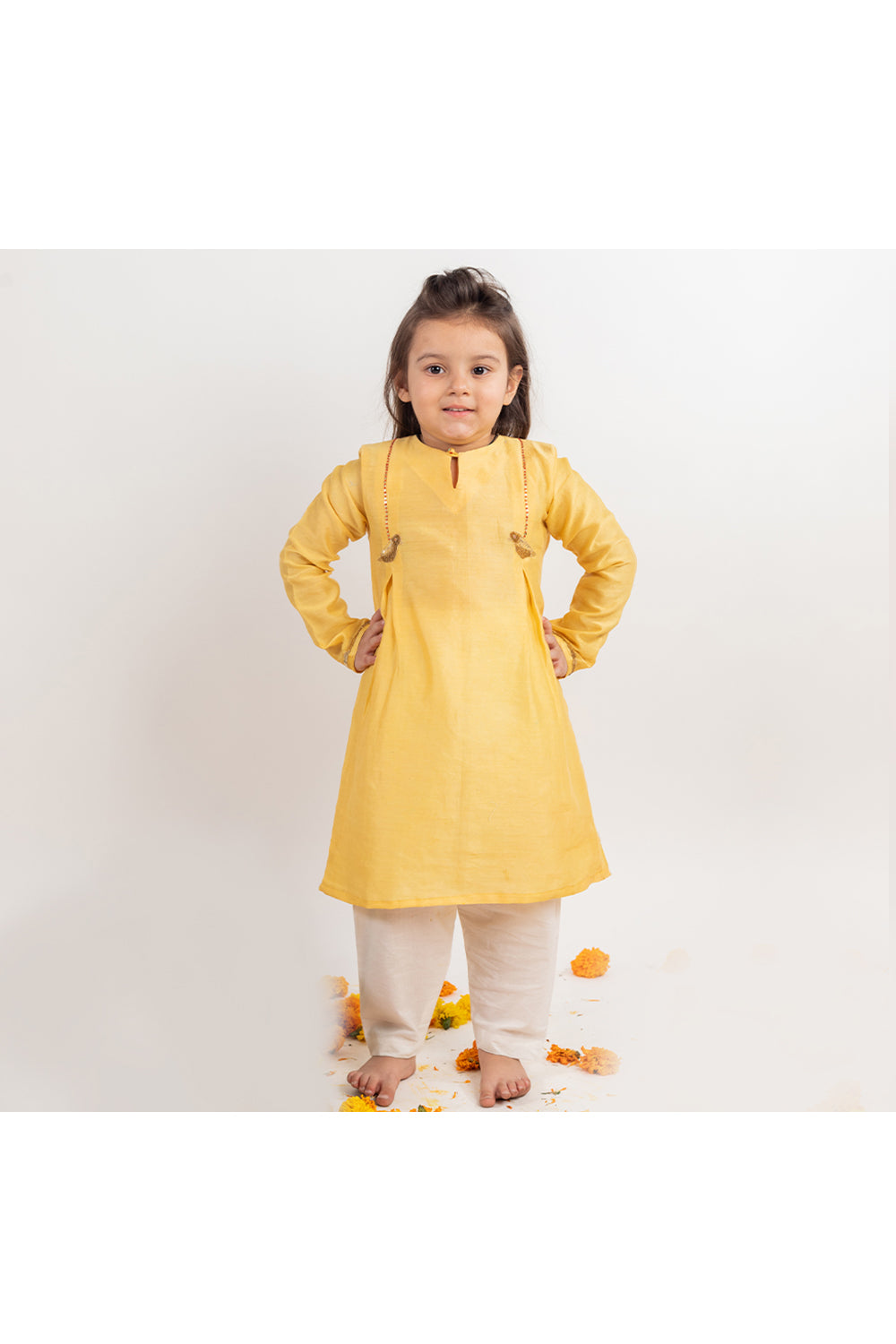 Yellow Bird Embroidered Chanderi Kurta With Pant Set
