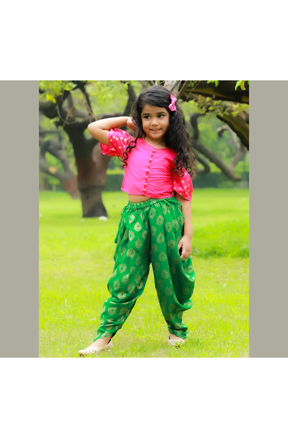 Pink cold shoulder top with green printed dhoti