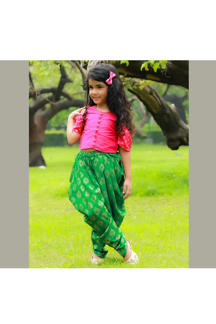 Pink cold shoulder top with green printed dhoti