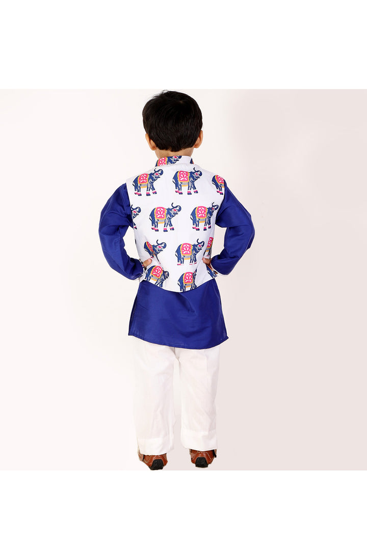 Blue Cotton Silk Kurta With Elephant Printed Jacket Set